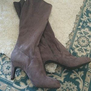 BCBG grey soft semi-slouch faux suede boots
